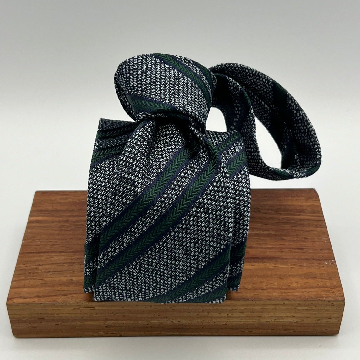 Drake's for Cruciani e Bella 100%  Woven Silk Tipped Grey, Green Stripes Handmade in London, England 8 cm x 150 cm #7585