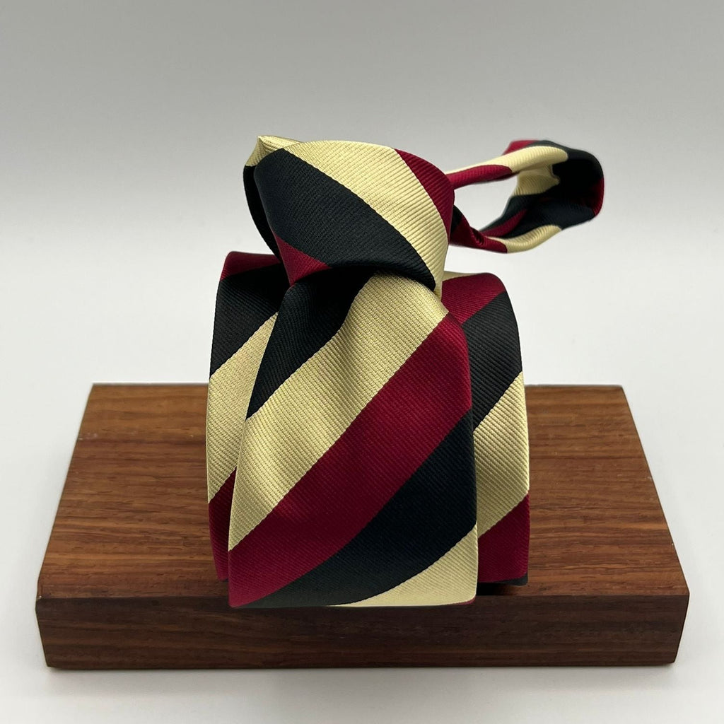 Drake's for Cruciani e Bella 100%   Silk Tipped Black, Yellow and Red Stripes Handmade in London, England 8 cm x 150 cm #5263
