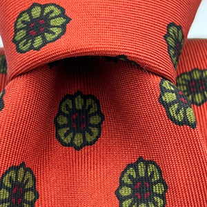 Drake's for Cruciani e Bella 100%  Printed Silk Tipped Orange, green, red floral motif tie 36 oz Handmade in London, England 8 cm x 150 cm #5174