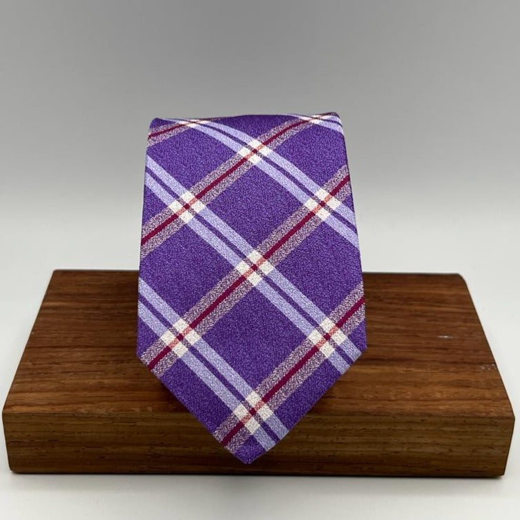 Drake's for Cruciani e Bella 100%  Wowen Silk Tipped Violet, White and Red Stripes Handmade in London, England 7 cm x 147 cm #5357