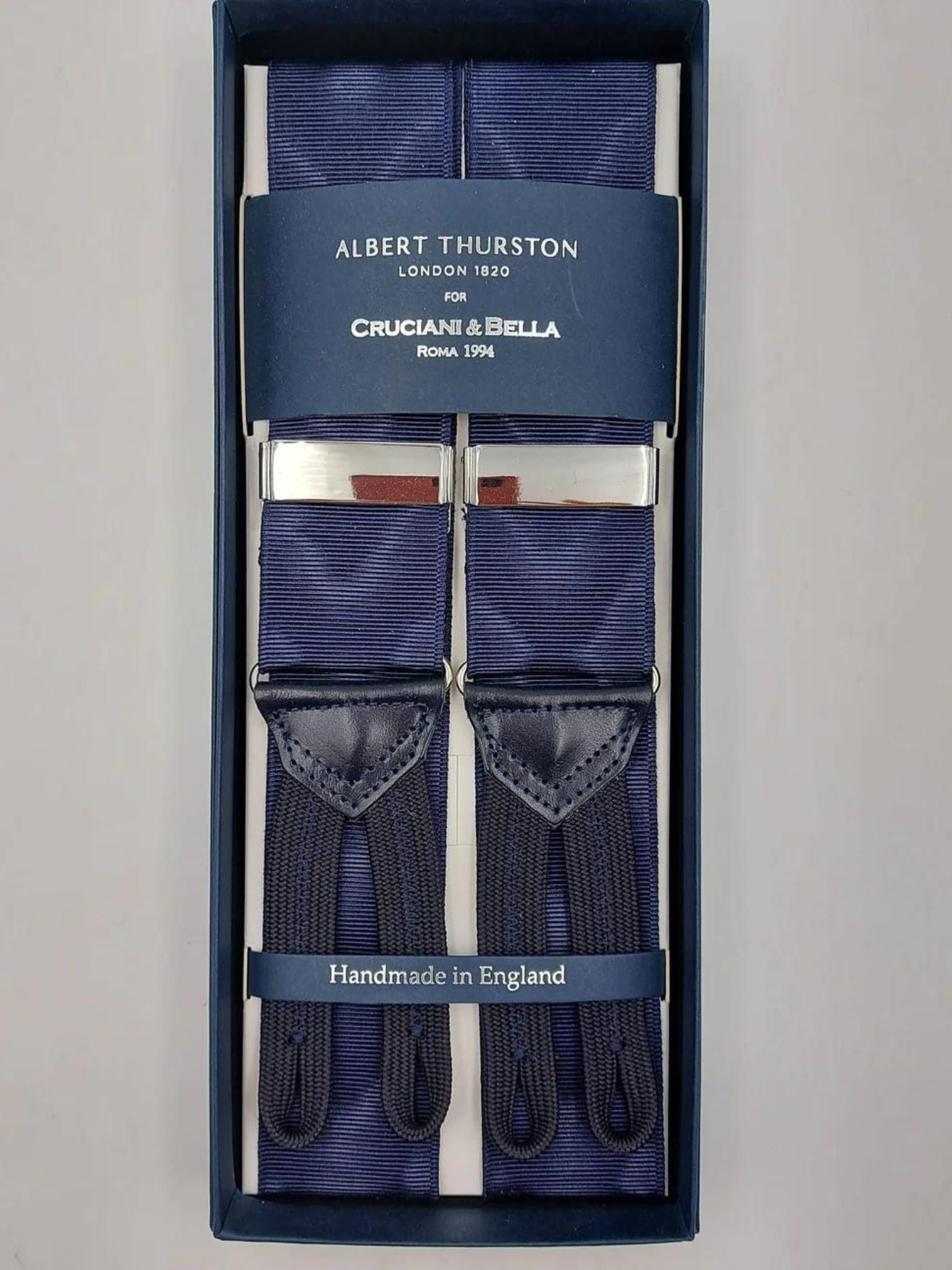 Albert Thurston for Cruciani & Bella Made in England Adjustable Sizing 40 mm Woven Barathea Navy Blue Moirè Plain Color Braces Braid ends Y-Shaped Nickel Fittings Size: XL