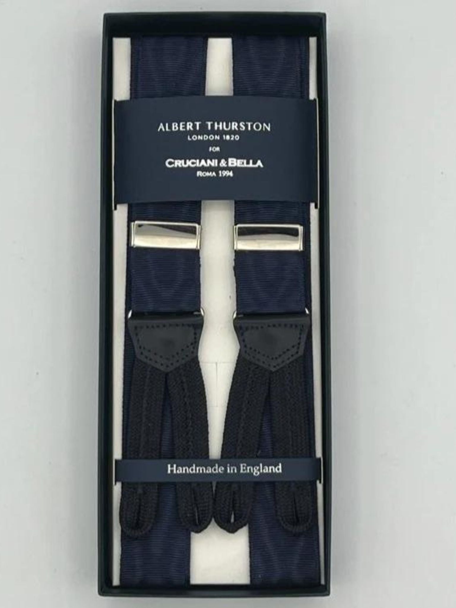 Albert Thurston for Cruciani & Bella Made in England Adjustable Sizing 32 mm Woven Barathea  Navy Blue Moiré  braces Braid ends Y-Shaped Nickel Fittings Size: XL