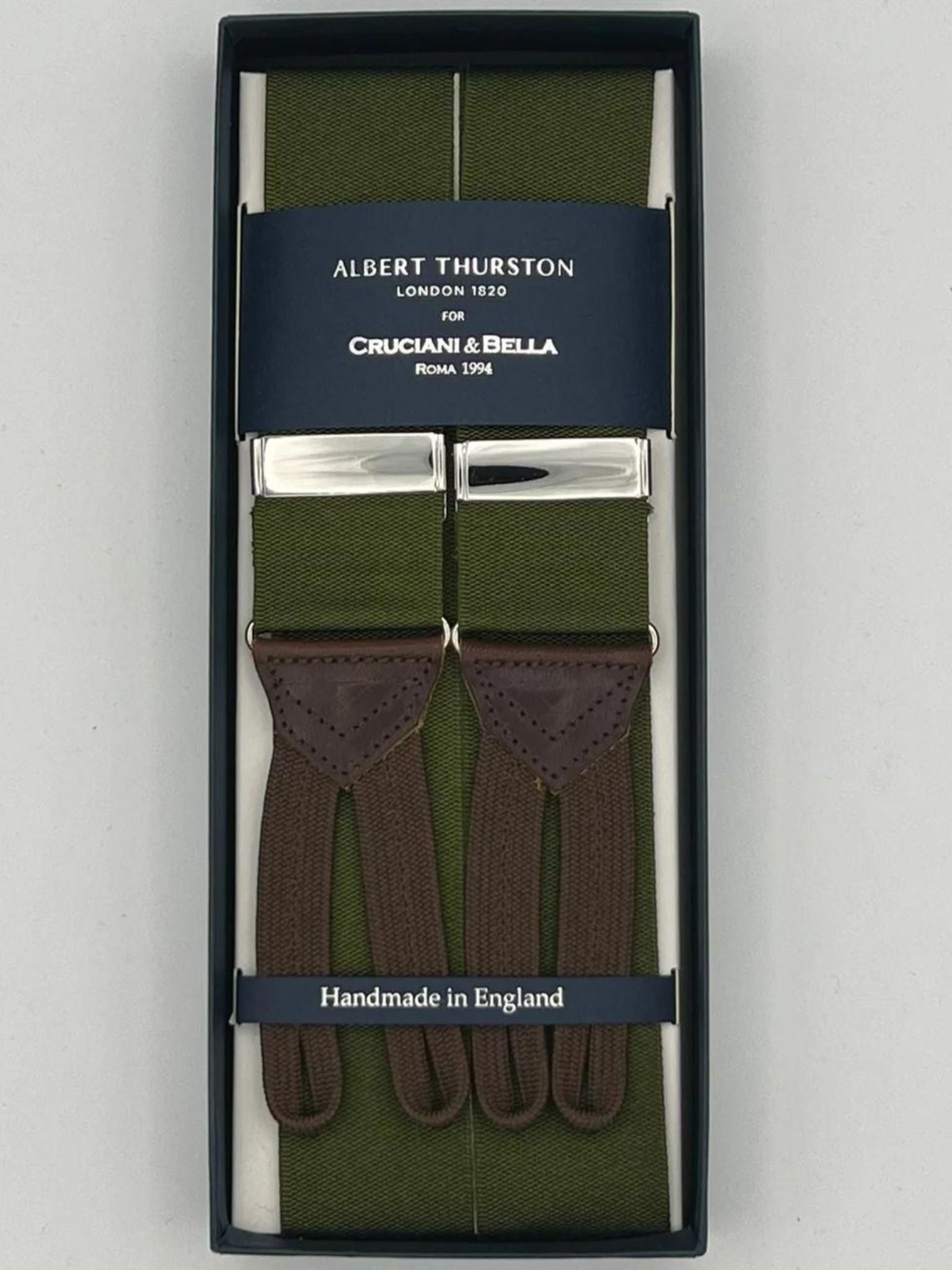 Albert Thurston for Cruciani & Bella Made in England Adjustable Sizing 40 mm Woven Barathea  Olive Plain Braces Braid ends Y-Shaped Nickel Fittings Size: XL