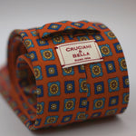 Cruciani & Bella  100% Printed Madder Silk  Italian fabric  Unlined tie Orange, Blue, light Blue, Yellow and Brown motif Handmade in Italy 8 cm x 150 cm #7236