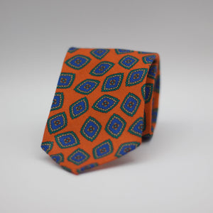 Cruciani & Bella 100%  Printed Wool  Unlined Hand rolled blades Orange, Green, Blue and light beige Motif Tie Handmade in Italy 8 cm x 150 cm #7295