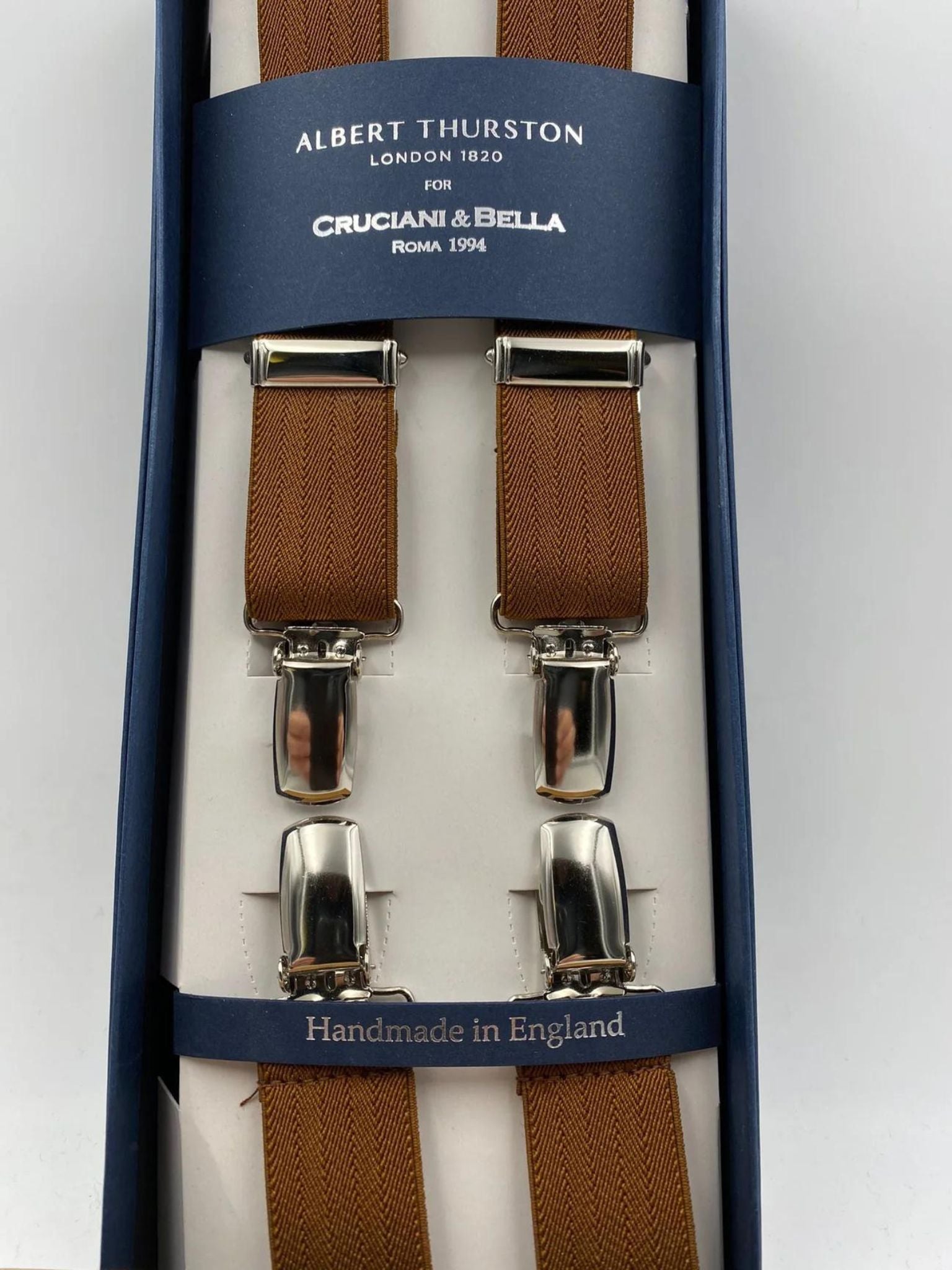 Albert Thurston for Cruciani & Bella Made in England Clip on Adjustable Sizing 25 mm elastic braces Mustard Harringbone  X-Shaped Nickel Fittings Size: L