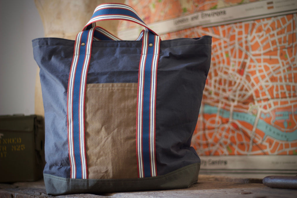 Patchwork Tote Bag  - Dry waxed ripstop cotton - Blue and Grey - Royal blue handles