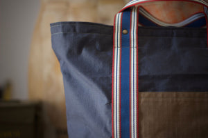 Patchwork Tote Bag  - Dry waxed ripstop cotton - Blue and Grey - Royal blue handles