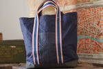 Patchwork Tote Bag  - Dry waxed ripstop cotton - Blue and Grey - Royal blue handles