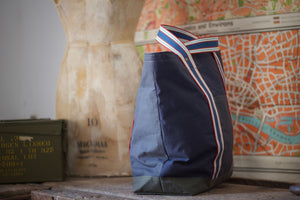 Patchwork Tote Bag  - Dry waxed ripstop cotton - Blue and Grey - Royal blue handles