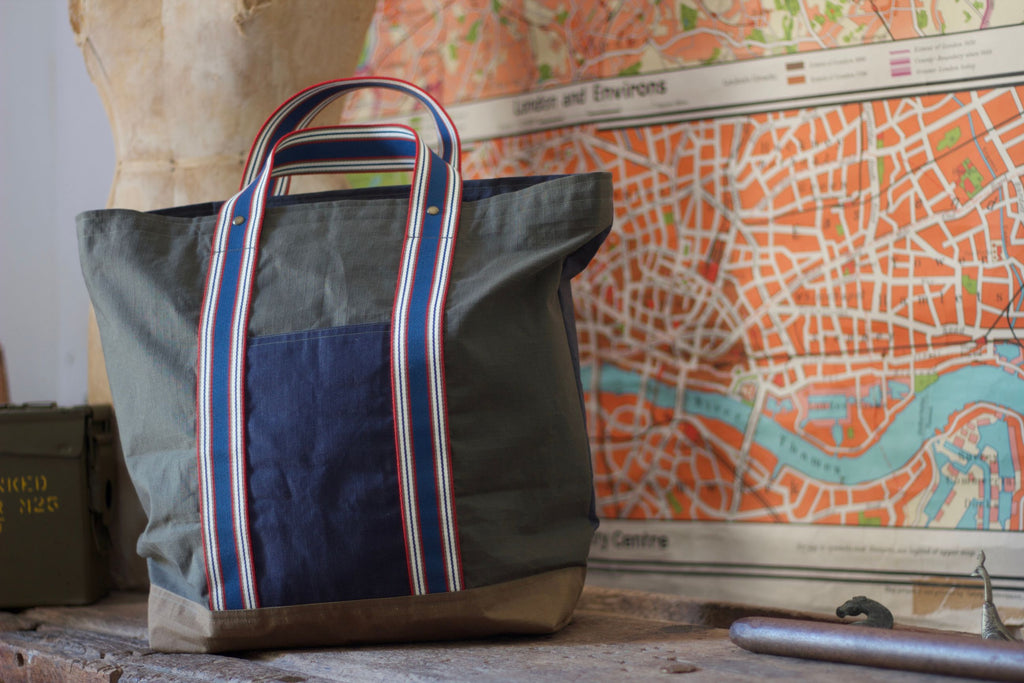 Patchwork Tote Bag - Dry waxed ripstop cotton - Olive Green and Grey - Royal blue handles