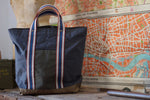 Patchwork Tote Bag - Dry waxed ripstop cotton - Olive Green and Grey - Royal blue handles
