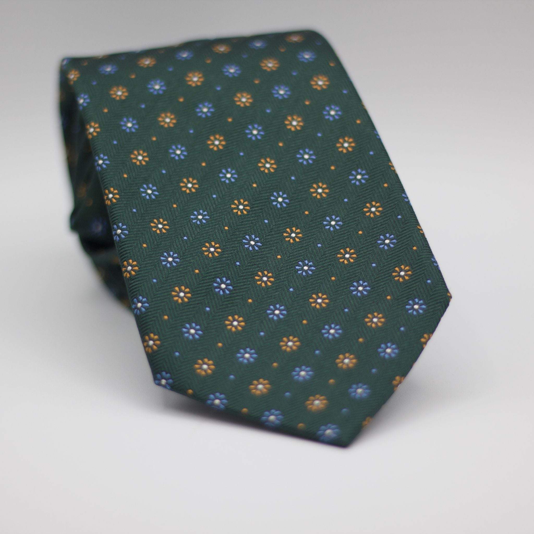 Holliday & Brown for Cruciani & Bella 100% printed Silk Self tipped Green with Ocher and Light Blue motif tie Handmade in Italy 8 cm x 150 cm #5072