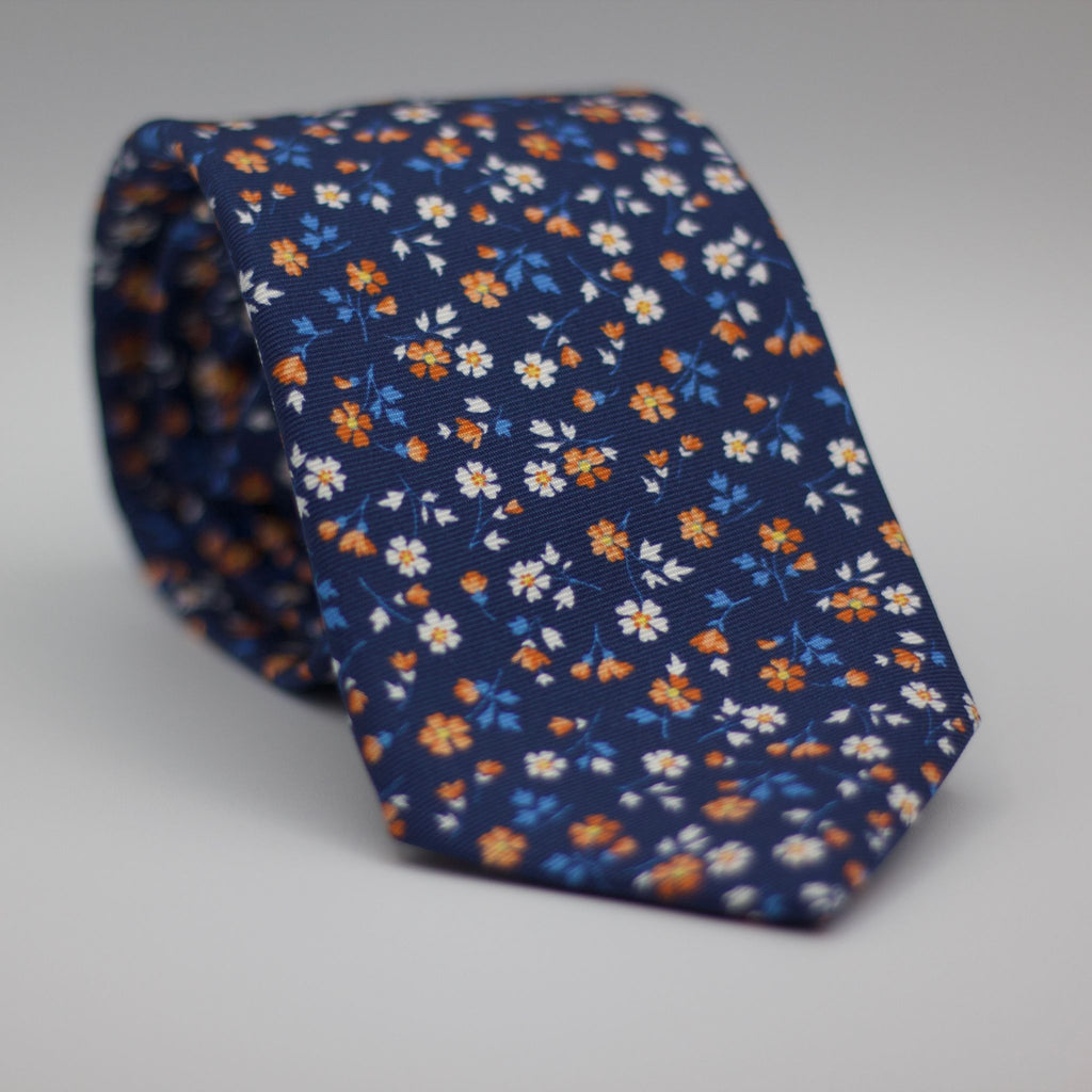 Blue, with White and Orange Floral motif tie #6309