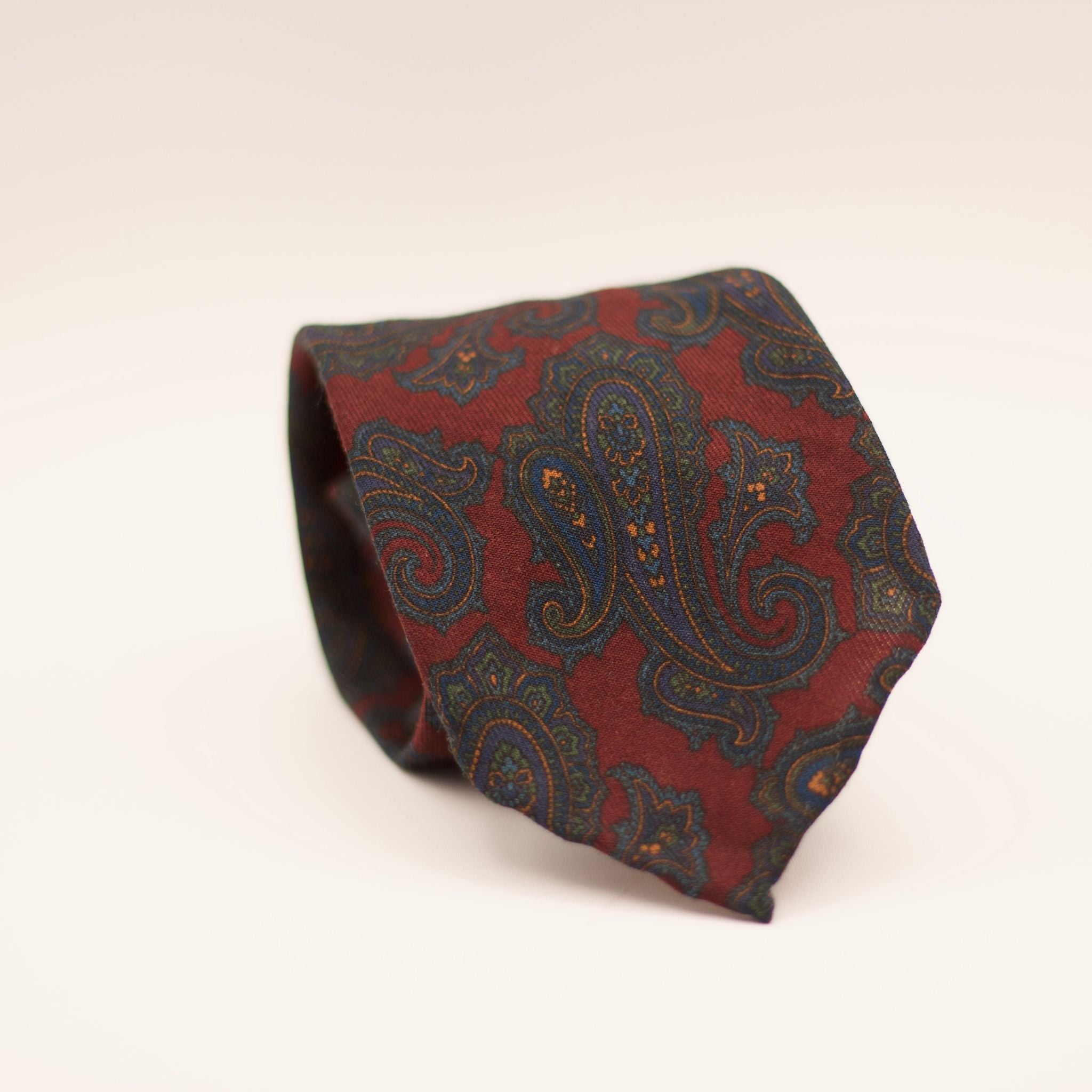 Cruciani & Bella 100%  Printed Wool  Unlined Hand rolled blades Dark Red, Green and Bue Paisley Motif Tie Handmade in Italy 8 cm x 150 cm #7453