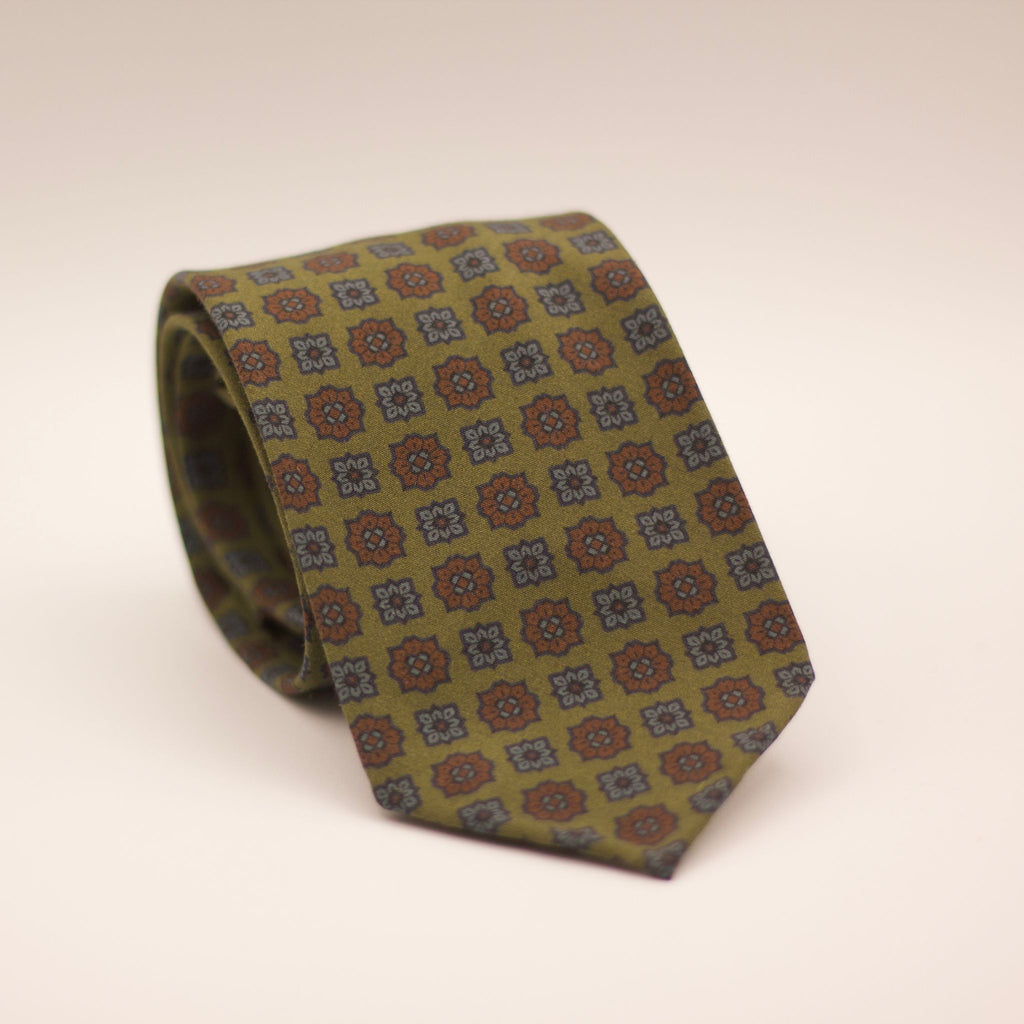 Cruciani & Bella  100% Printed Madder Silk  Italian fabric  Unlined tie Green, Blue, Light Blue and Rust 8 cm x 150 cm #7505