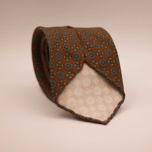 Cruciani & Bella  100% Printed Madder Silk  Italian fabric  Unlined tie Brown, Green, Yellow and Blue motif  8 cm x 150 cm #7510