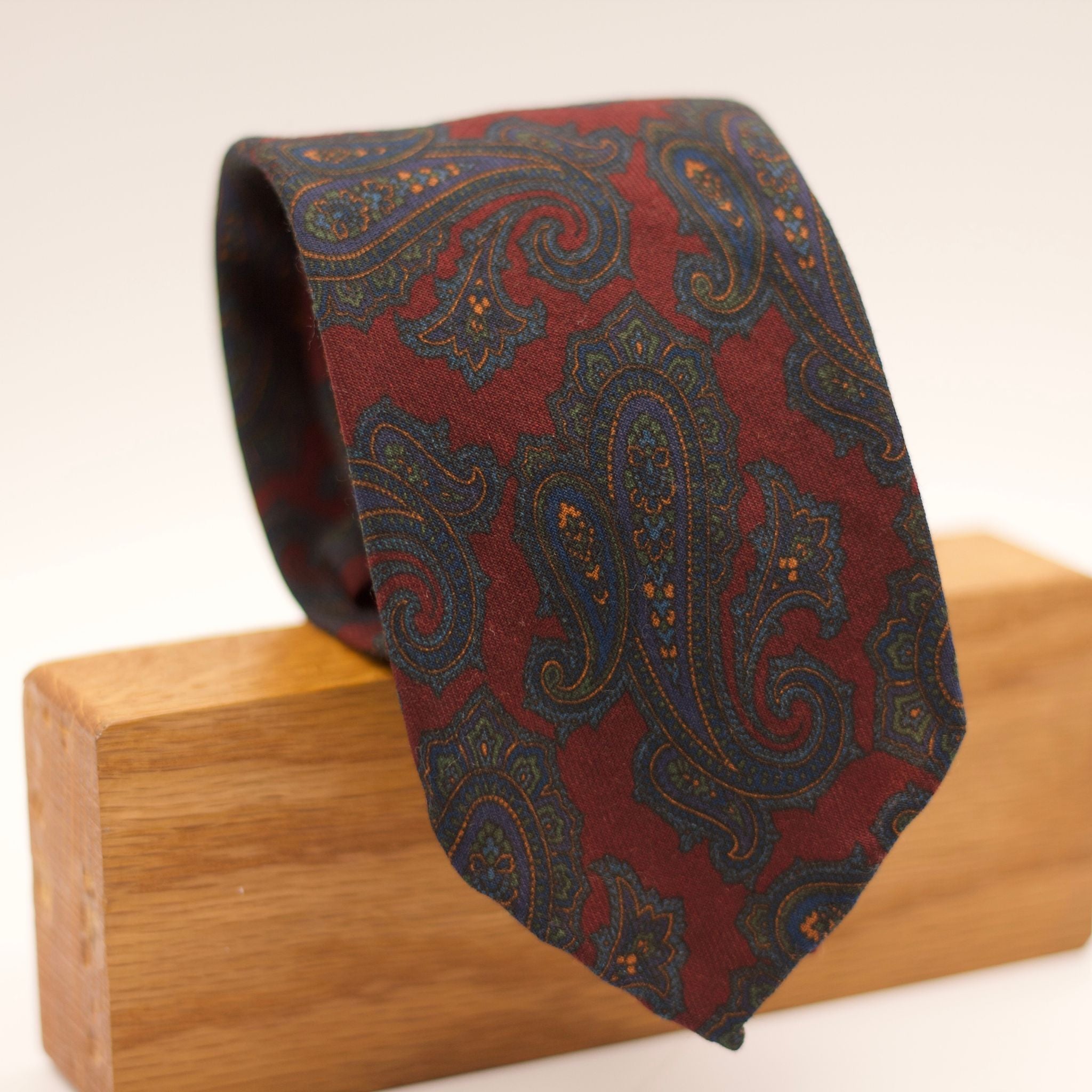 Cruciani & Bella 100%  Printed Wool  Unlined Hand rolled blades Dark Red, Green and Bue Paisley Motif Tie Handmade in Italy 8 cm x 150 cm #7453