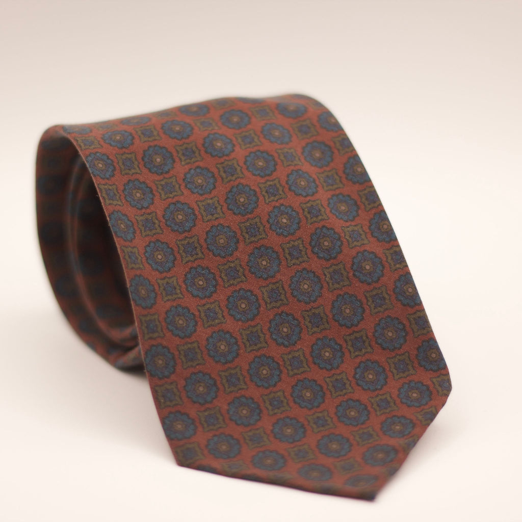 Cruciani & Bella  100% Printed Madder Silk  Italian fabric  Unlined tie Red/Brown, Blue, indigo  and Brown motif 8 cm x 150 cm #7250