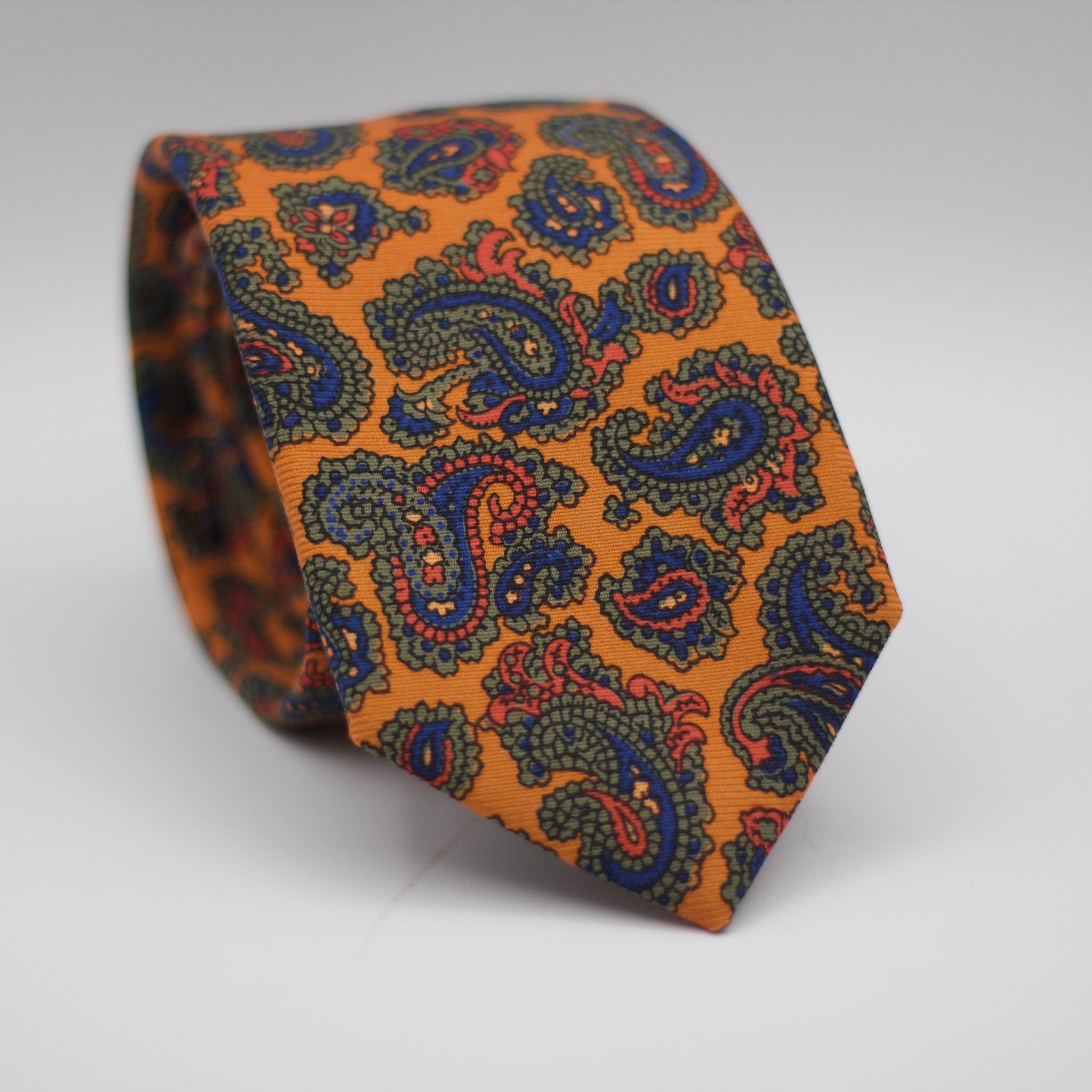 Holliday & Brown for Cruciani & Bella 100% printed Silk Self tipped Orange with Blue, Green and Red paisley motif tie Handmade in Italy 8 cm x 150 cm #5076
