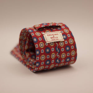 Cruciani & Bella  100% Printed Madder Silk  Italian fabric  Unlined tie Red, Blue, Light Blue, White and Yellow motif  8 cm x 150 cm