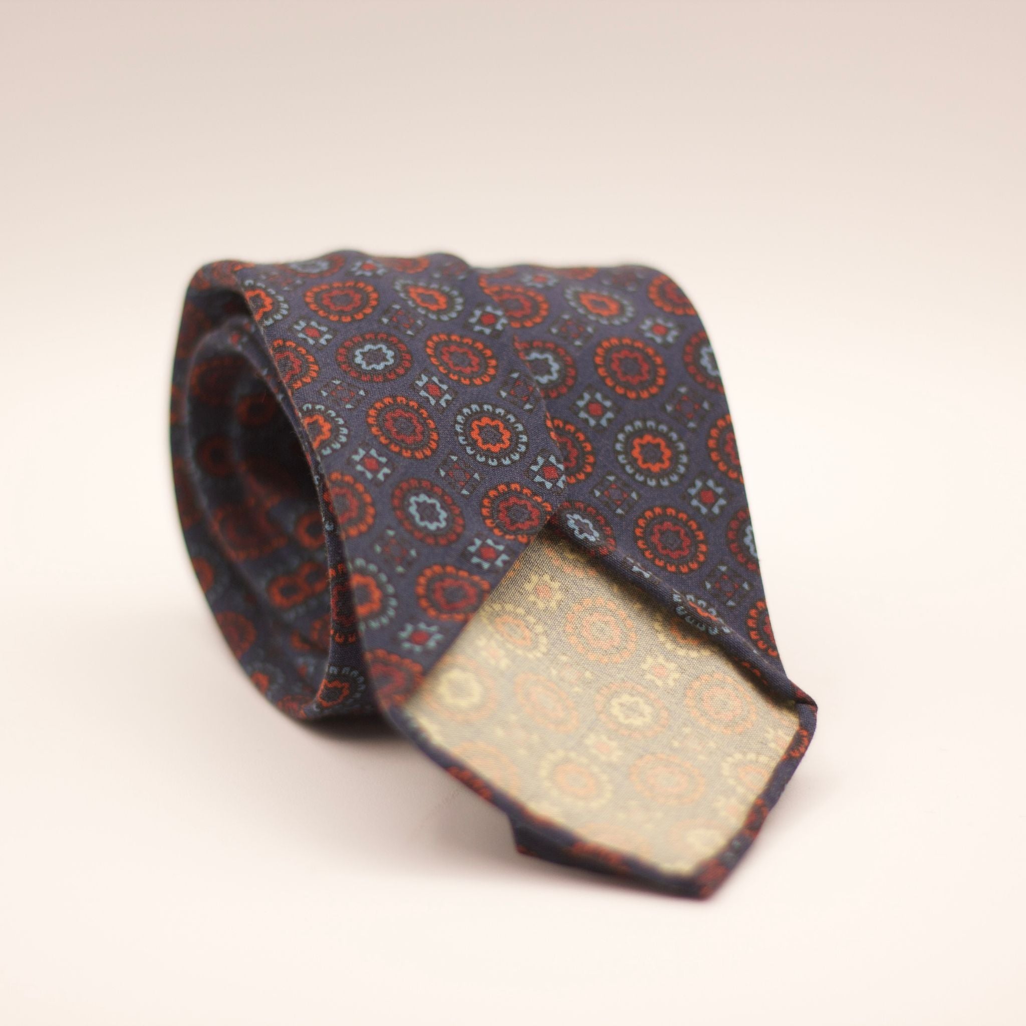 Cruciani & Bella  100% Printed Madder Silk  Italian fabric  Unlined tie  Blue, Light Blue , Red and Orange motif - 8 cm x 150 cm #7499