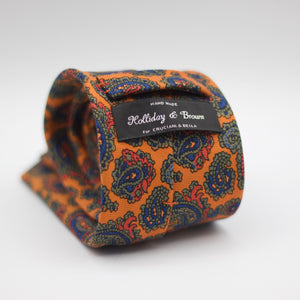 Holliday & Brown for Cruciani & Bella 100% printed Silk Self tipped Orange with Blue, Green and Red paisley motif tie Handmade in Italy 8 cm x 150 cm #5076