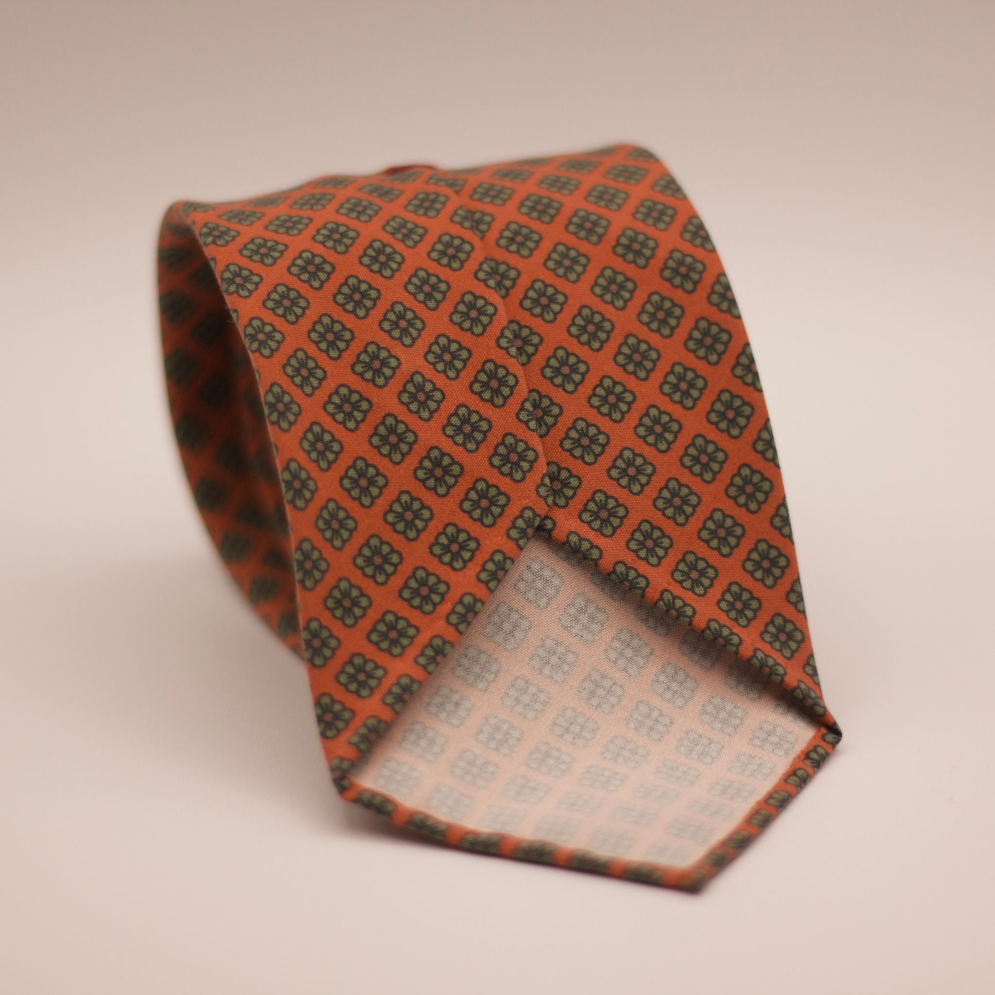 Cruciani & Bella  100% Printed Madder Silk  Italian fabric  Unlined tie Orange, Green floral  motif  8 cm x 150 cm #5946