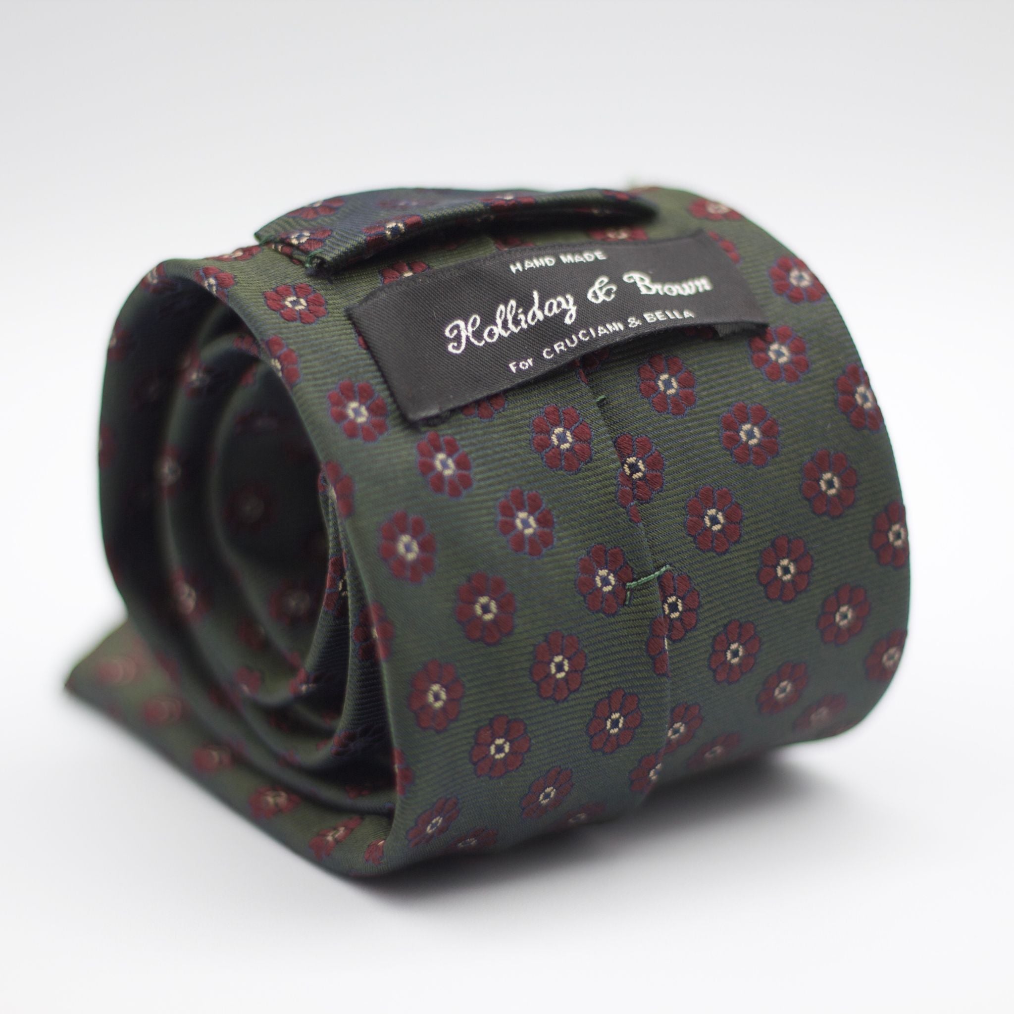 Holliday & Brown for Cruciani & Bella 100% printed Silk Tipped Dark Green with Burgundy and Off White floral motif tie Handmade in Italy 8 cm x 150 cm #5816