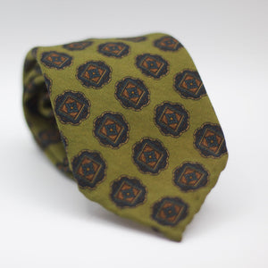 Cruciani & Bella 100%  Printed Wool  Unlined Hand rolled blades Green, Brown, Beige and Blue  Motifs Tie Handmade in Italy 8 cm x 150 cm #7507