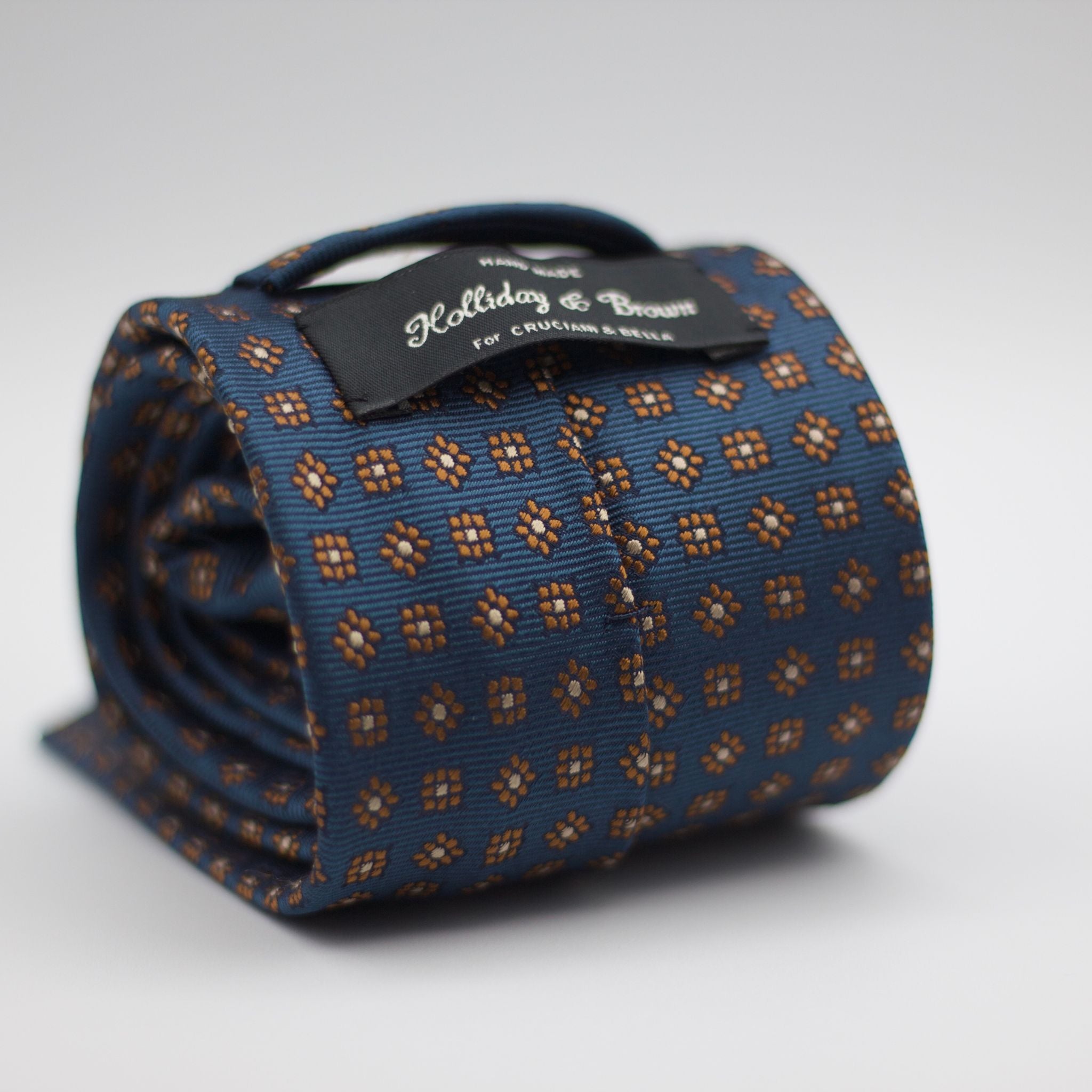 Holliday & Brown for Cruciani & Bella 100% Woven Jacquard Silk Tipped Olympic Blue, with Brown floral motif tie Handmade in Italy 8 cm x 150 cm #7019
