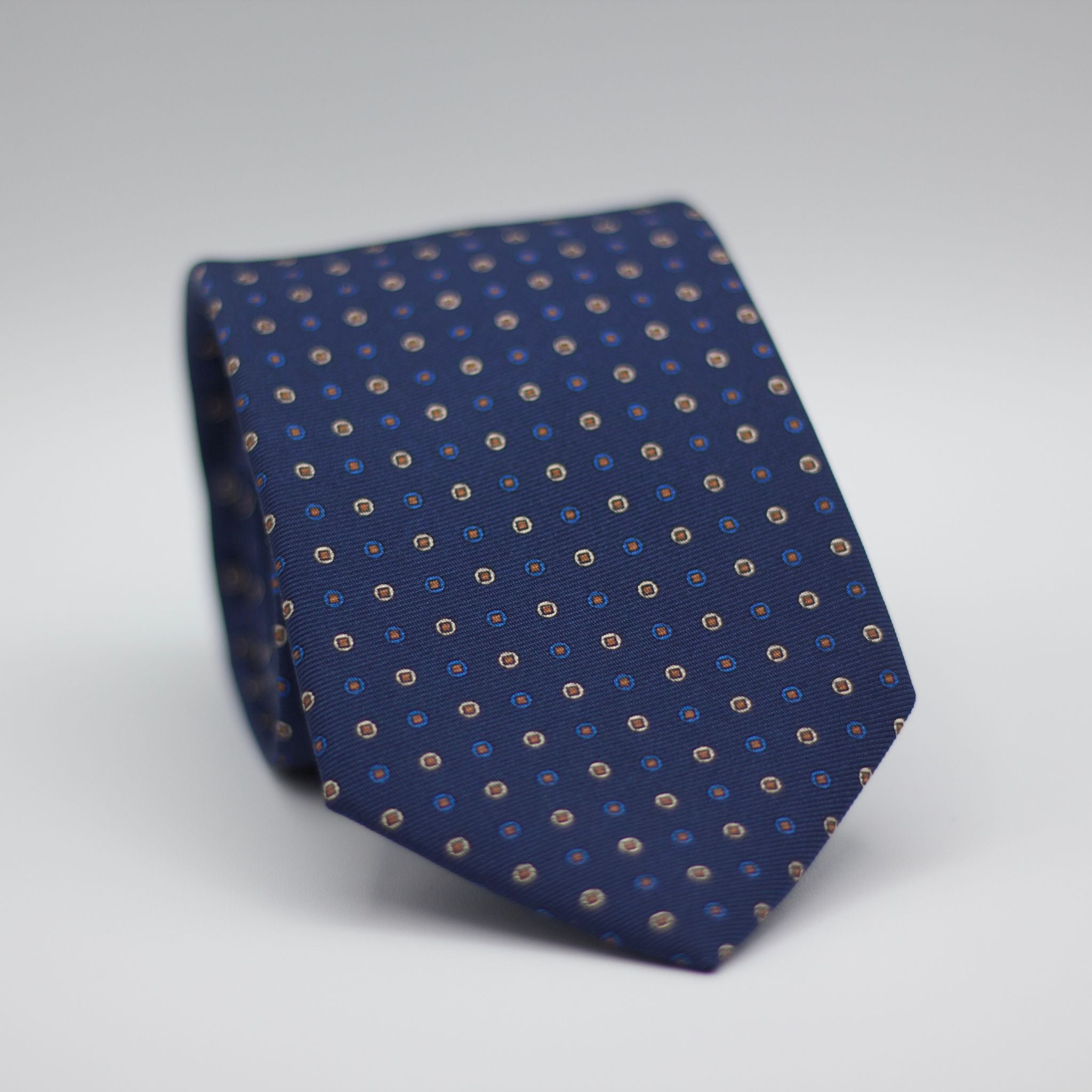 Holliday & Brown for Cruciani & Bella 100% printed Silk Self Tipped Blue, with Brown, Blue  and Cream motif tie Handmade in Italy 8 cm x 150 cm #5781