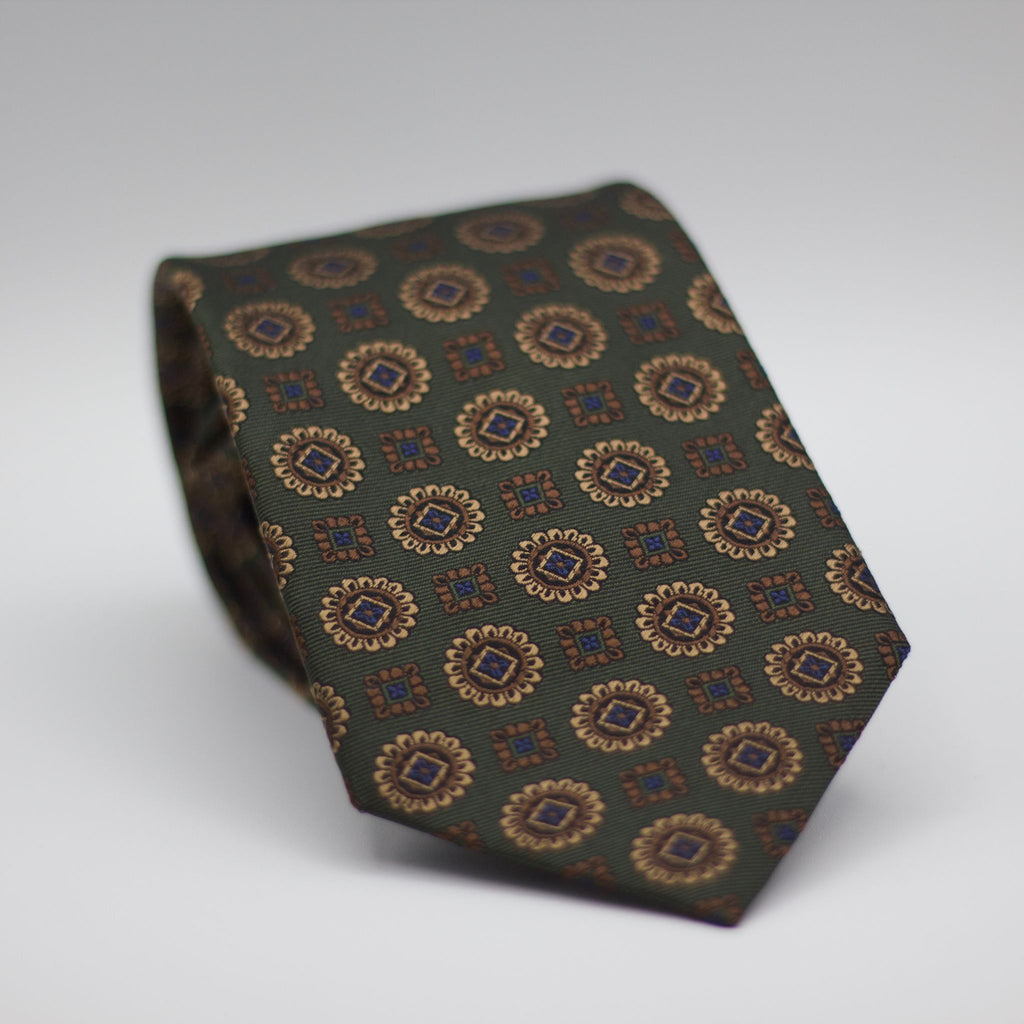 Holliday & Brown for Cruciani & Bella 100% Woven Jacquard Silk Tipped Green with Blue, Brown and Gold motif tie  Handmade in Italy 8 cm x 150 cm #7005