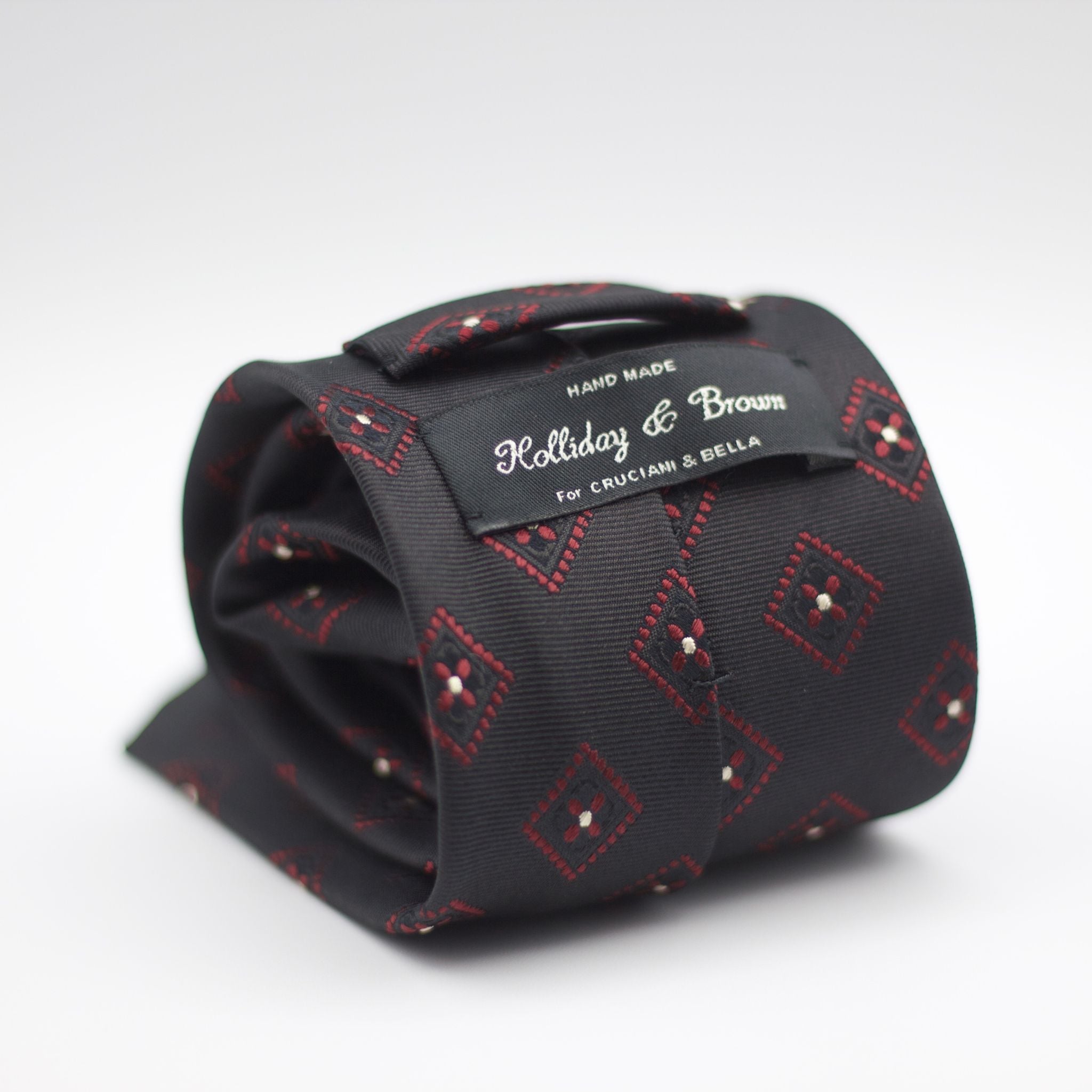 Holliday & Brown for Cruciani & Bella 100% Woven Jacquard Silk Tipped Black with Red and White motif tie Handmade in Italy 8 cm x 150 cm #6975