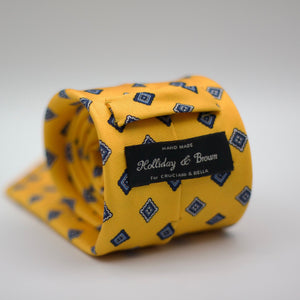 Holliday & Brown for Cruciani & Bella 100% printed Silk Self Tipped Yellow, with White, Blue Navy and Light Blue motif tie Handmade in Italy 8 cm x 150 cm #6336
