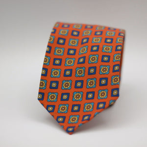 Cruciani & Bella  100% Printed Madder Silk  Italian fabric  Unlined tie Orange, Blue, light Blue, Yellow and Brown motif Handmade in Italy 8 cm x 150 cm #7236