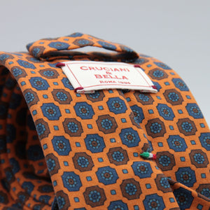 Cruciani & Bella 100% printed Madder Silk Unlined Seven Fold Orange, Blue and Brown motif tie Handmade in Italy 8 cm x 150 cm #7687