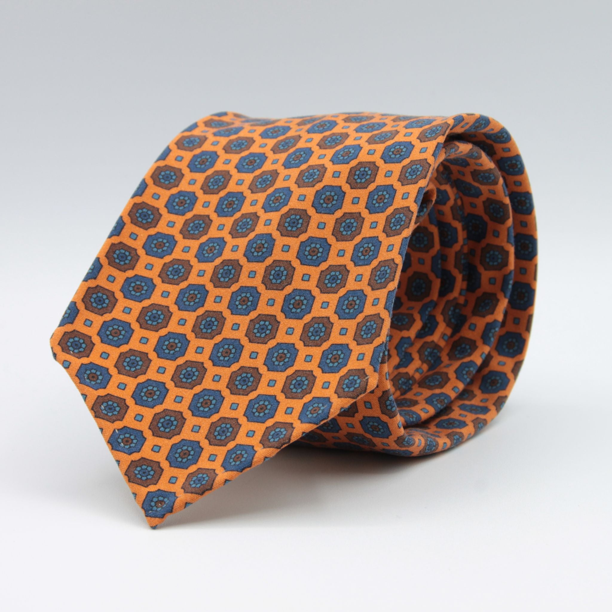 Cruciani & Bella 100% printed Madder Silk Unlined Seven Fold Orange, Blue and Brown motif tie Handmade in Italy 8 cm x 150 cm #7687