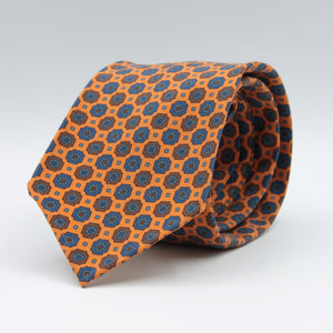 Cruciani & Bella 100% printed Madder Silk Unlined Seven Fold Orange, Blue and Brown motif tie Handmade in Italy 8 cm x 150 cm #7687