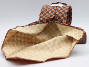 Cruciani & Bella 100% printed Madder Silk Unlined Seven Fold Orange, Blue and Brown motif tie Handmade in Italy 8 cm x 150 cm #7687