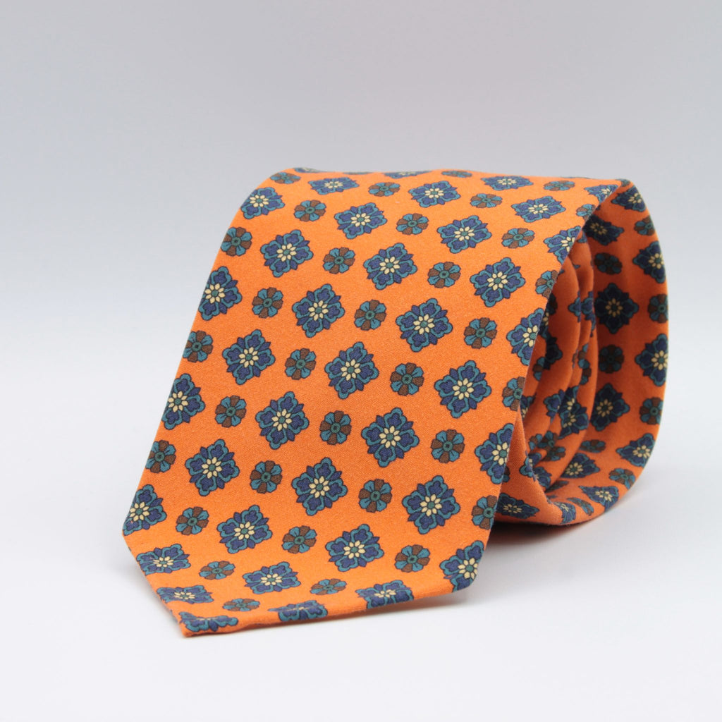 Cruciani & Bella 100% printed Madder Silk Unlined Seven Fold Orange, Blue, Brown and White motif tie Handmade in Italy 8 cm x 150 cm #7688