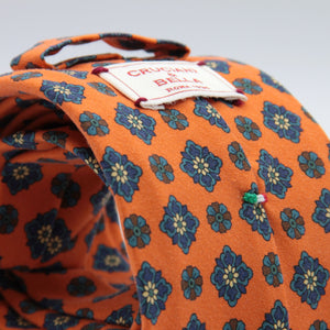 Cruciani & Bella 100% printed Madder Silk Unlined Seven Fold Orange, Blue, Brown and White motif tie Handmade in Italy 8 cm x 150 cm #7688