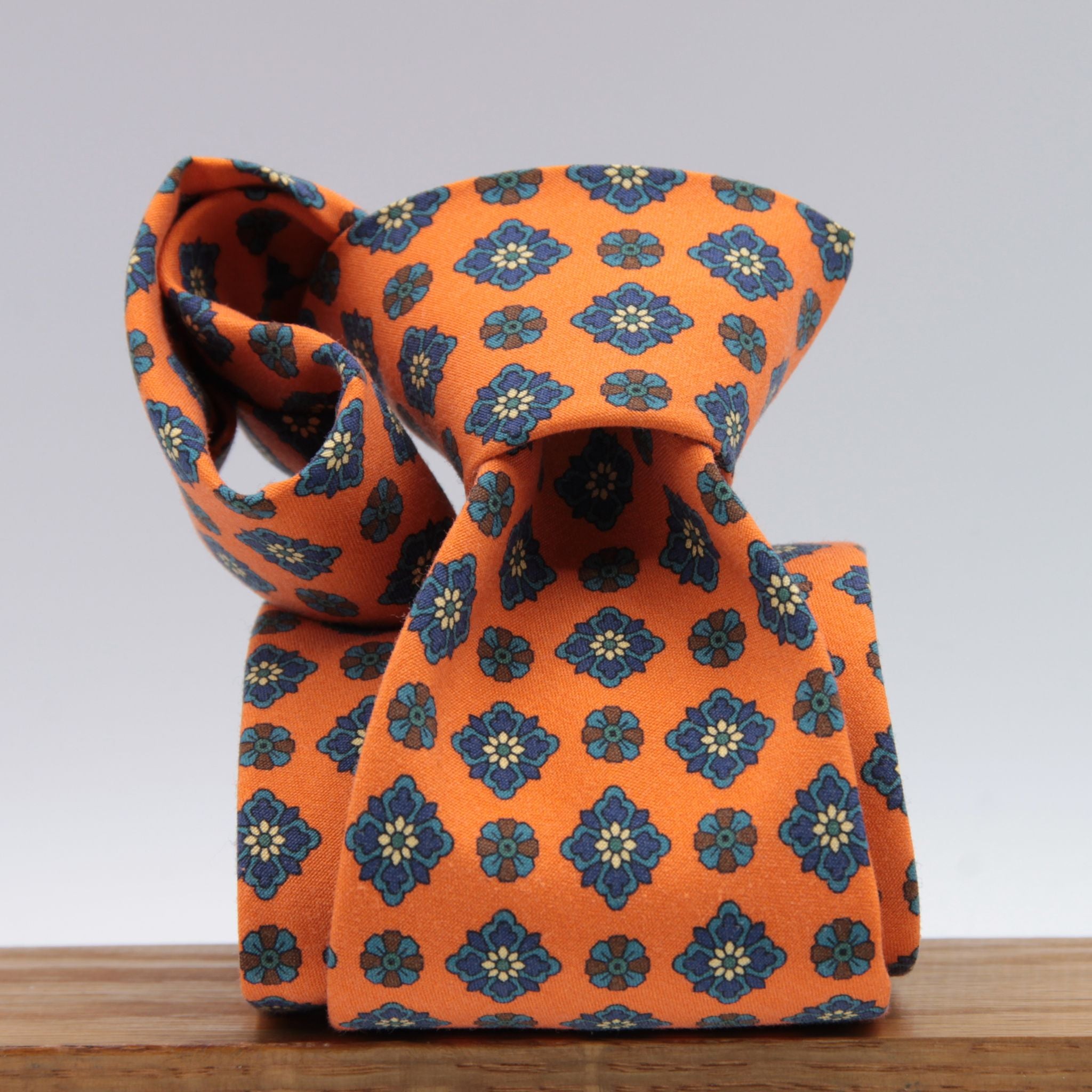 Cruciani & Bella 100% printed Madder Silk Unlined Seven Fold Orange, Blue, Brown and White motif tie Handmade in Italy 8 cm x 150 cm #7688