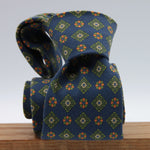 Cruciani & Bella 100% printed Madder Silk Unlined Seven Fold Blue, Green, Orange and White motif tie Handmade in Italy 8 cm x 150 cm #7689