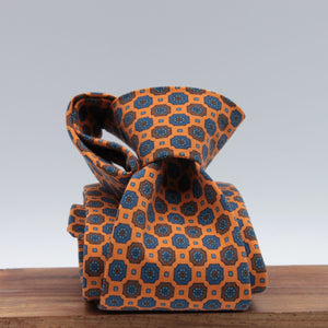 Cruciani & Bella 100% printed Madder Silk Unlined Seven Fold Orange, Blue and Brown motif tie Handmade in Italy 8 cm x 150 cm #7687