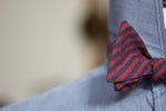 Noodles Bow Ties 100% Cotton  Red and blue seersucker Handcrafted in Italy Coated metal hardware  Olive green gabardine inside Hand-stitched labels Handmade boxes Self-tie bow ties