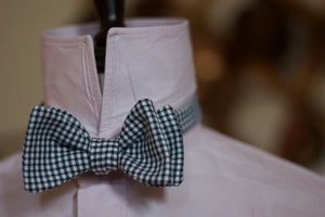 Noodles Bow Ties 100% Cotton  White and midnight blue vichy Handcrafted in Italy coated metal hardware  olive green gabardine inside hand-stitched labels handmade boxes self-tie bow ties