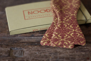 Noodles Bow Ties 100% Cotton  Pompeian red and ocra yellow Handcrafted in Italy coated metal hardware  olive green gabardine inside hand-stitched labels handmade boxes self-tie bow ties