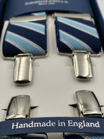 Albert Thurston for Cruciani & Bella Made in England Clip on Adjustable Sizing 35 mm elastic braces Light Blue stripes X-Shaped Nickel Fittings Size: L #4816