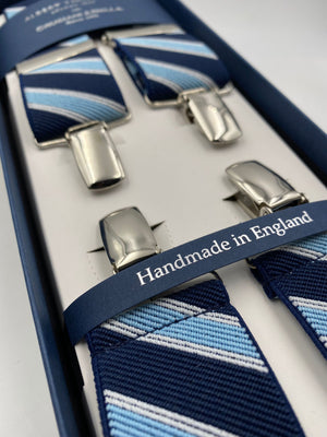 Albert Thurston for Cruciani & Bella Made in England Clip on Adjustable Sizing 35 mm elastic braces Light Blue stripes X-Shaped Nickel Fittings Size: L #4816